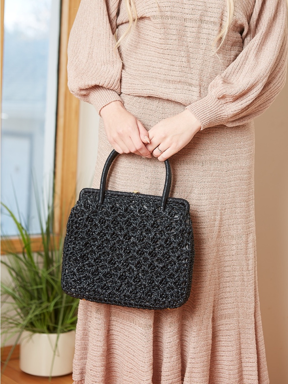 Vintage 50s 60s Crochet Rafia Purse